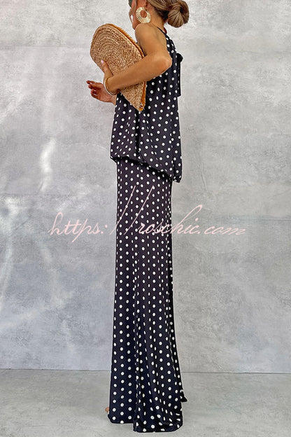 Imanie Polka Dot Print Back Tie-up Tank and Elastic Waist Wide Leg Pants Set