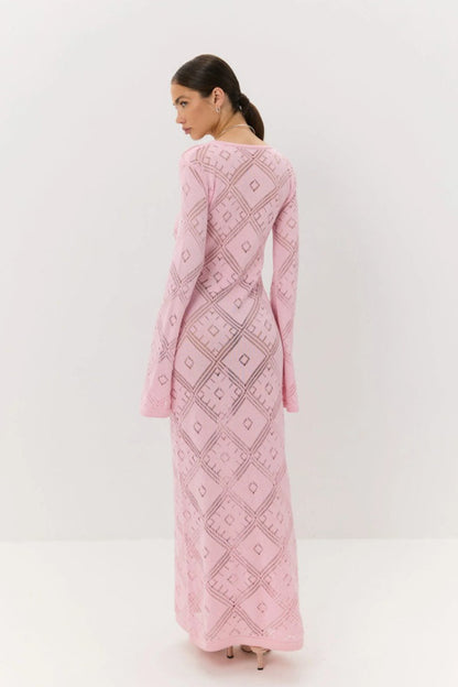 Vestido maxi de punto argyle jacquard de manga larga