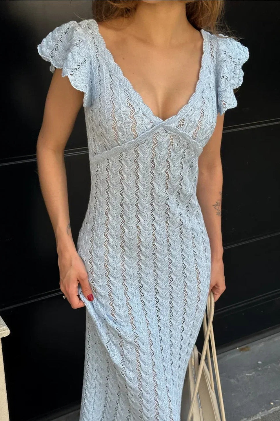 Vestido maxi pastoral de punto con cuello de pico y volantes franceses