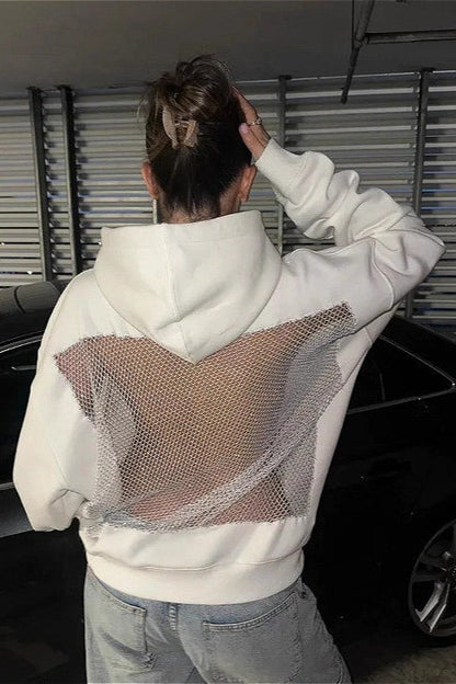 Sudadera casual deportiva con capucha de manga larga y recortes de malla
