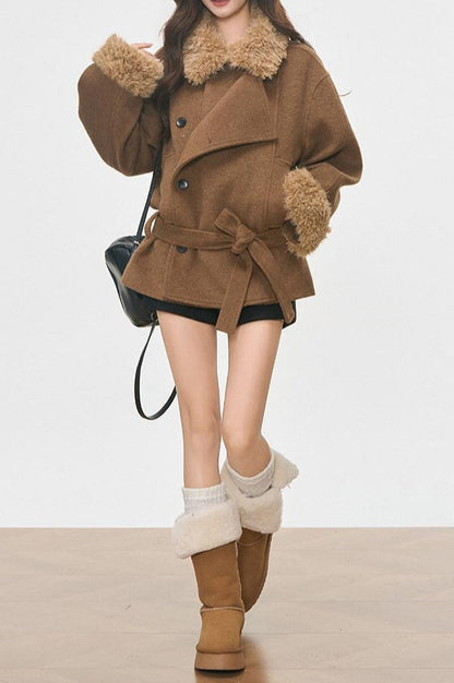 Vintage Fur Collar Fur Cuffs Short Woolen Coat