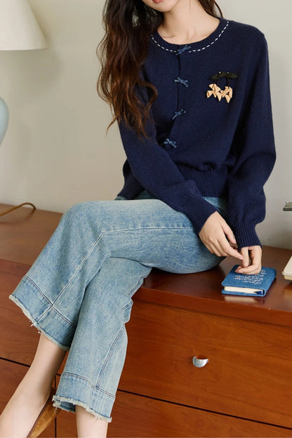 Retro Detail O Neck Cardigan