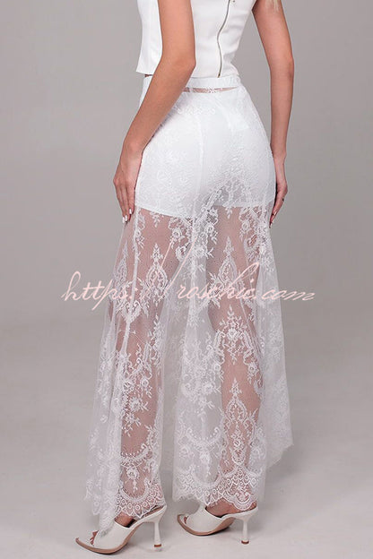 Queen Time Court-style Lace High Rise Elastic Waist Flare Maxi Skirt