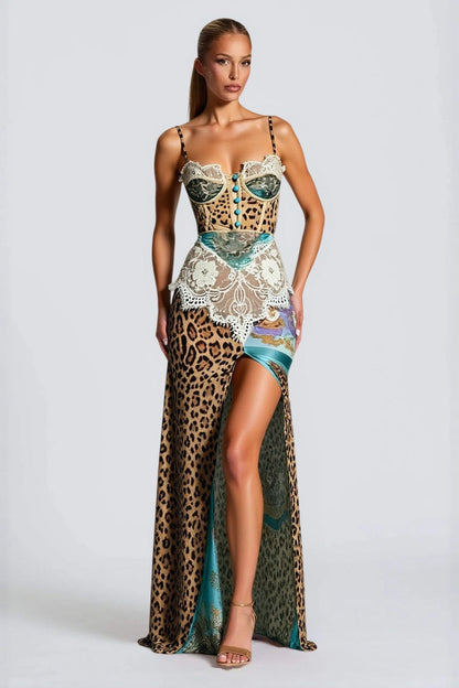 Leopard Lace Mesh Midi Dress