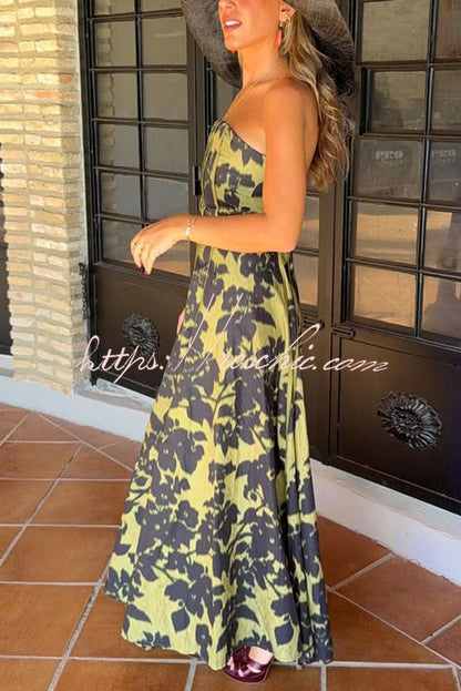 Elara Linen Blend Floral Print Princess Line Design Detachable Sleeves Maxi Dress