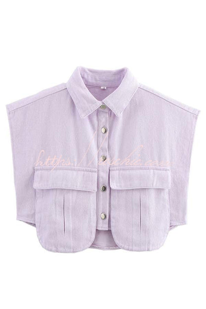 Stylish Weekend Denim Button Up Cape Sleeve Pocket Crop Top