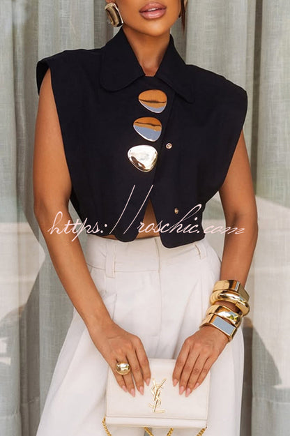 Creative Style Metal Buckle Design Lapel Crop Tank Top