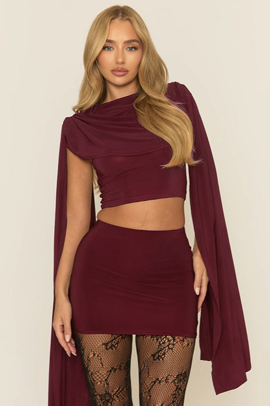 Cowl Neck Shawl Ruched  Two Piece Set