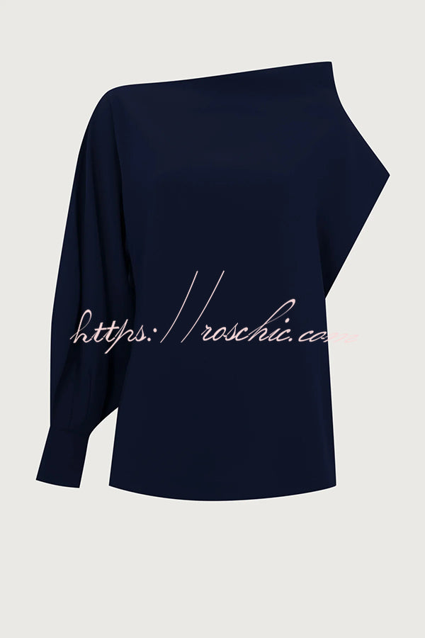 Cleo One Shoulder Irregular Balloon Sleeve Top and High Rise Pleated Button Waist Pocket Loose Pants Set