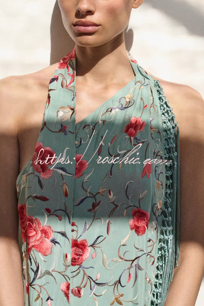 Floral Print Halter Neck Sleeveless Elegant Tassel Maxi Dress