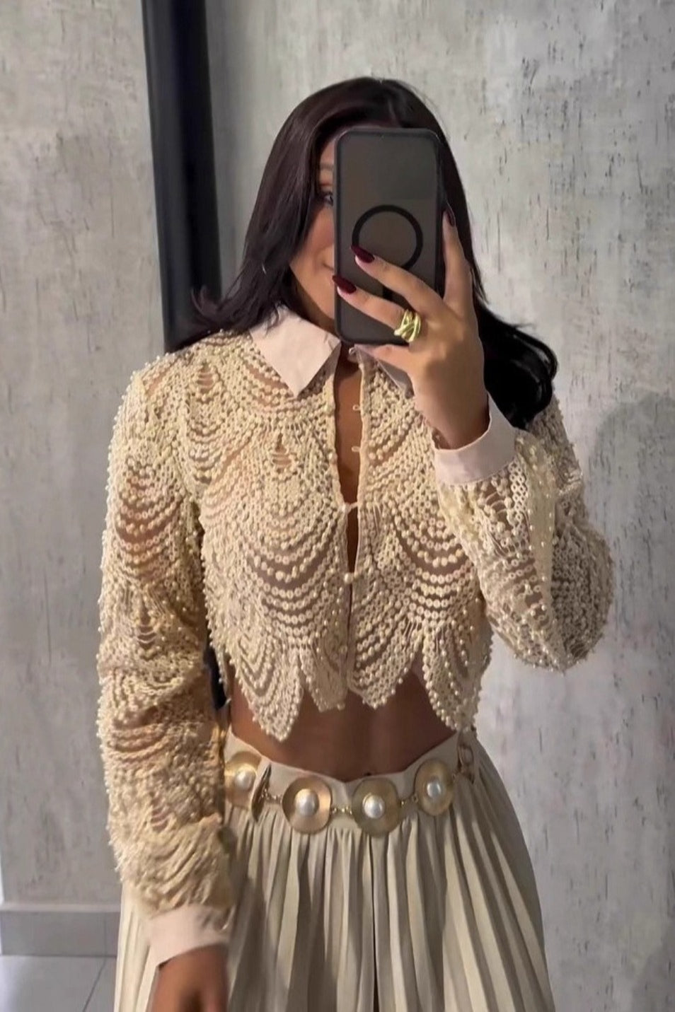 Embroidered Lace Beaded Long Sleeve Top