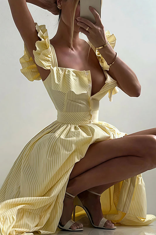 Ruffle Striped Square Collar Midi Dress
