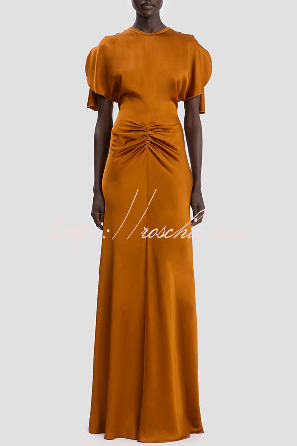Isabella Satin Short Sleeve Ruched Waist V-shape Back Gown Maxi Dress