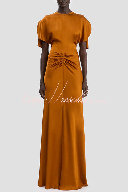 Isabella Satin Short Sleeve Ruched Waist V-shape Back Gown Maxi Dress