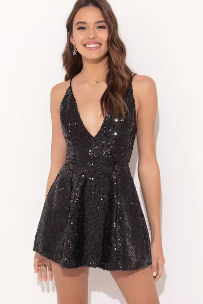 Chic  Spaghetti Strap Bow Contrast Waist Slim Sequin Dress