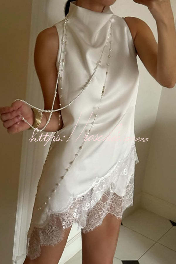 Solid Color Satin Spliced lace Sleeveless Irregular Casual Top