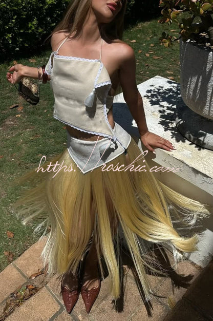 Fashionable Lace Appliqué Tassel Hem Vacation Maxi Skirt