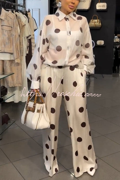 Grazia Polka Dot Sheer Long Balloon Sleeve Shirt and Elastic Waist Pocket Wide Leg Pants Set