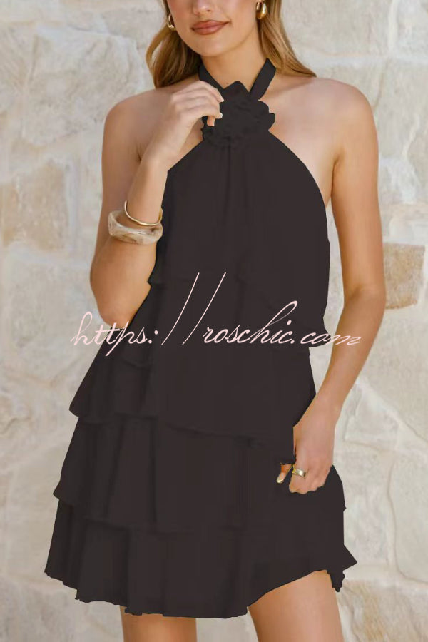 Solid Color Chiffon Halter Neck Backless Layered Ruffle Mini Dress