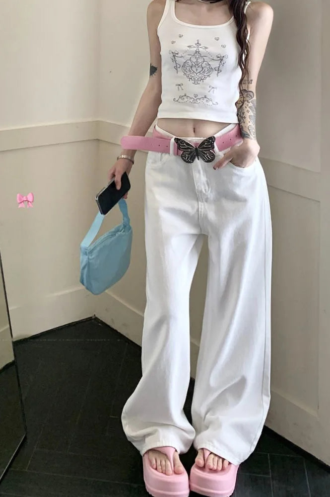 Vaqueros anchos con lazo rosa bordado
