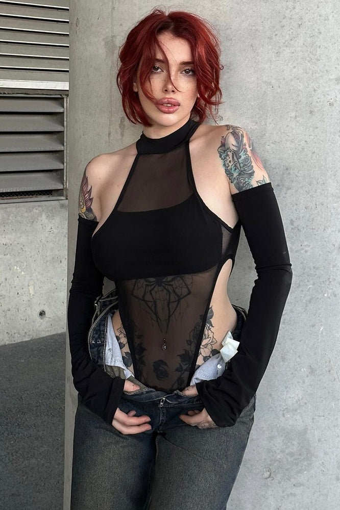 Mesh Cutout Stretch Long Sleeve  Bodysuit