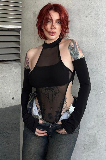 Mesh Cutout Stretch Long Sleeve  Bodysuit