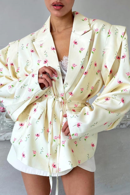 Long Sleeve Printed Waist Tie Blazer