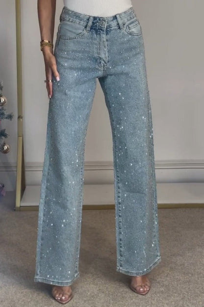 Rhinestone Washed High Waist Jeans