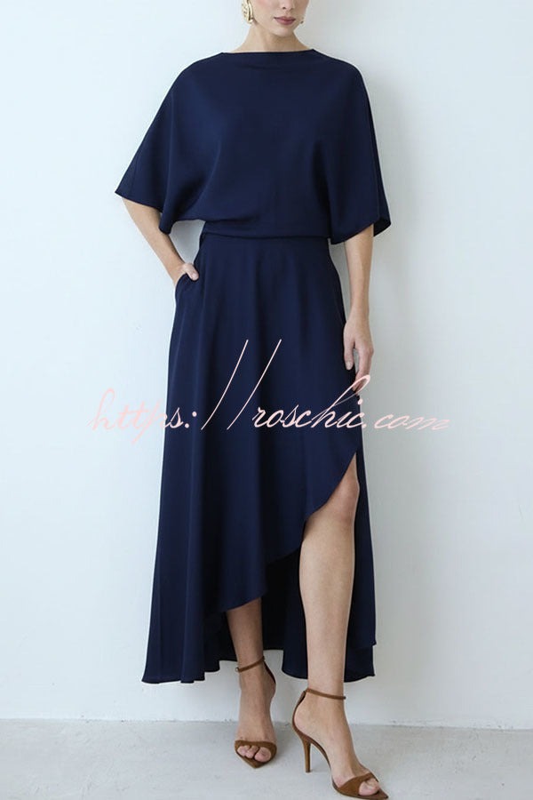 Modern and Elegant Satin Half Wide Sleeve Wrap Style Pocket Slit Loose Maxi Dress