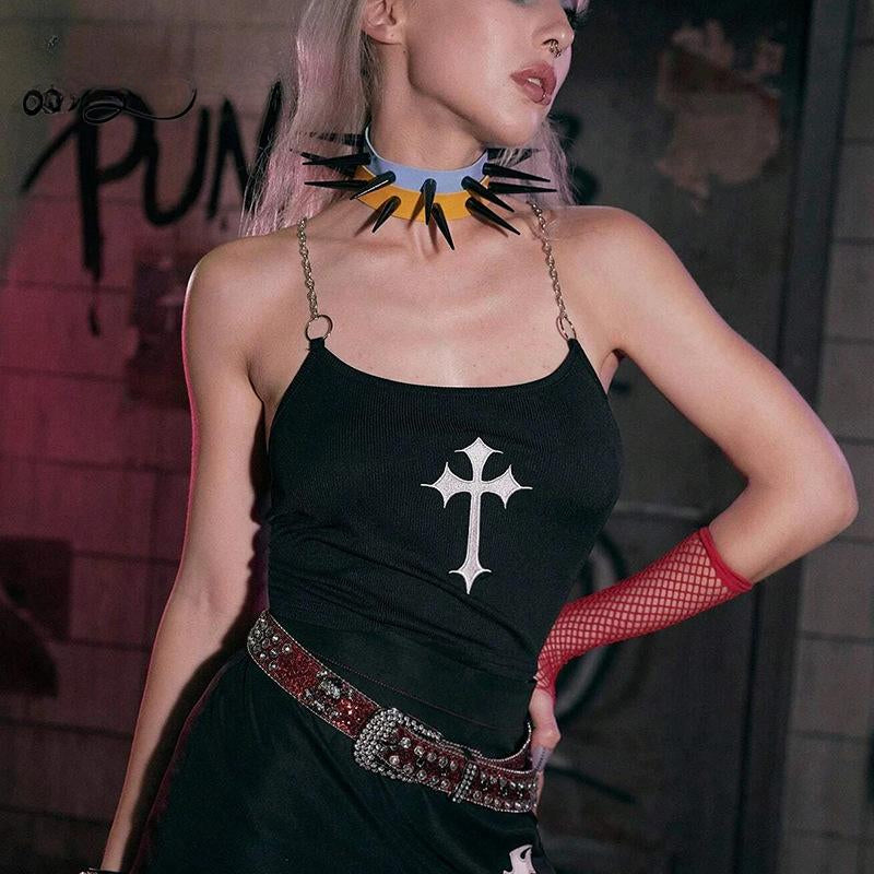 Mysterious  Chain Black Cross Print Black Crop Top
