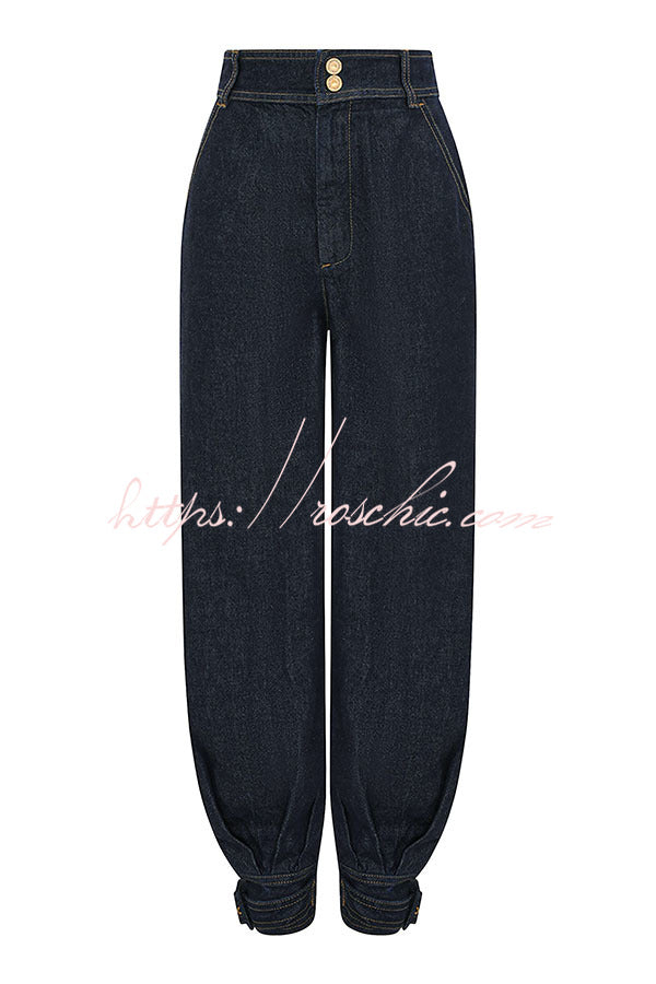 Luna Denim High Rise Pocket Adjustable Buckle Ankle Strap Harem Pants