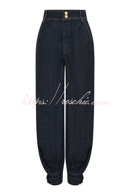 Luna Denim High Rise Pocket Adjustable Buckle Ankle Strap Harem Pants