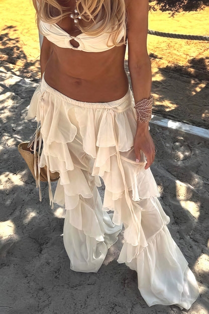 Pantalones acampanados con volantes, cordones y empalmes