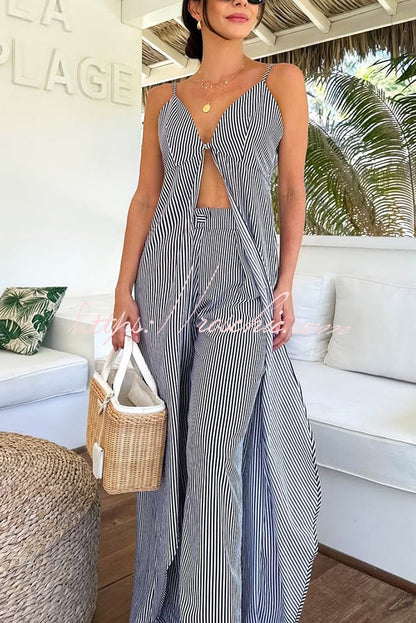 Striped Print Sleeveless Long Casual Top and Loose Straight Pants Set