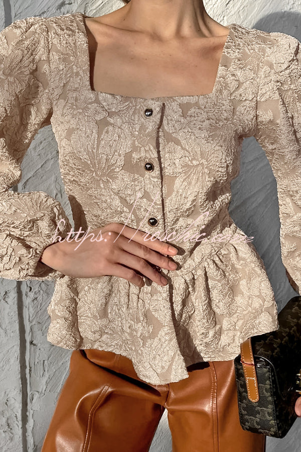 Solid Color Jacquard Square Neck Puff Sleeve Elegant Button Top