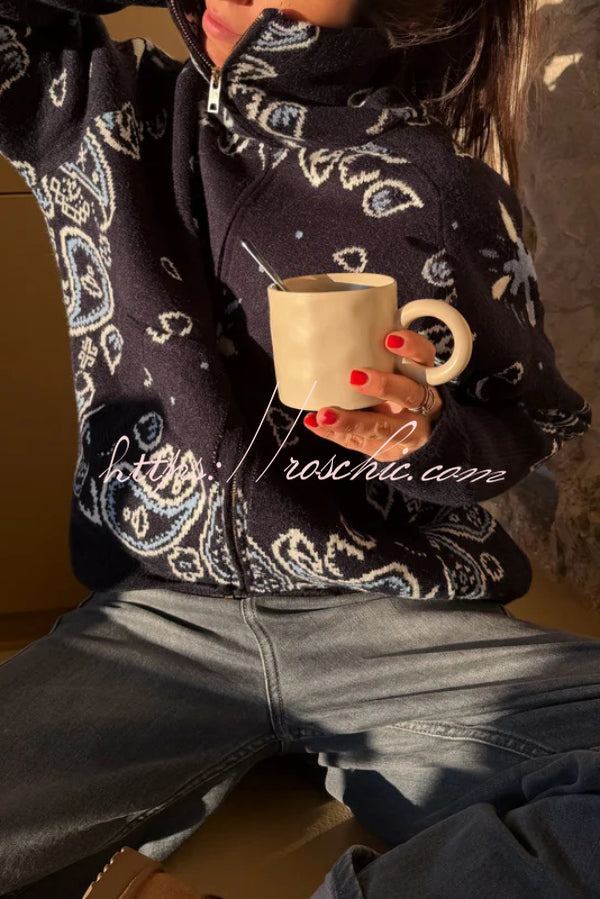 Fashionable Jacquard Turtleneck Long-sleeved Casual Zip-up Pocket Knit Top