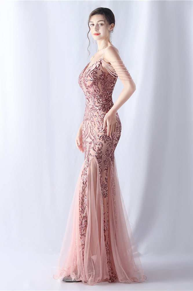 Vestido maxi de cóctel de malla con abalorios