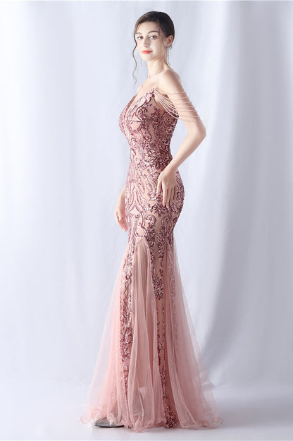 Vestido maxi de cóctel de malla con abalorios