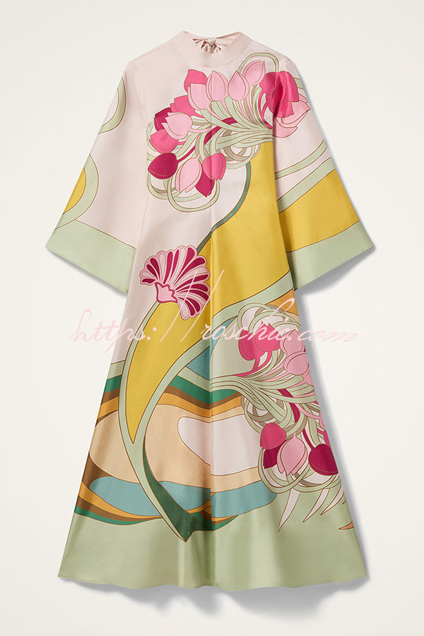 Darla Satin Colorful Baroque Style Printed Tie-up Neck Bell Sleeve Maxi Dress