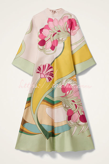 Darla Satin Colorful Baroque Style Printed Tie-up Neck Bell Sleeve Maxi Dress