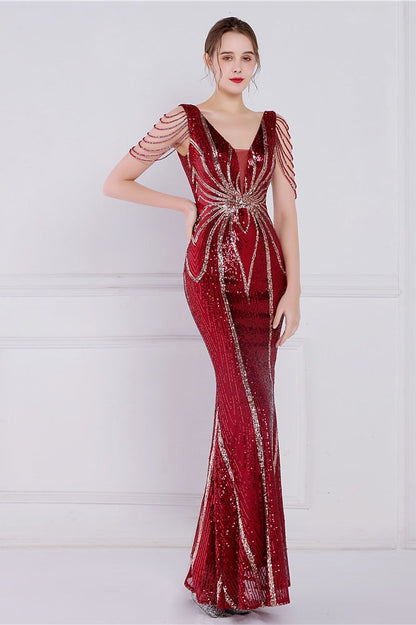 Vestido de fiesta de sirena con lentejuelas florales y pedrería
