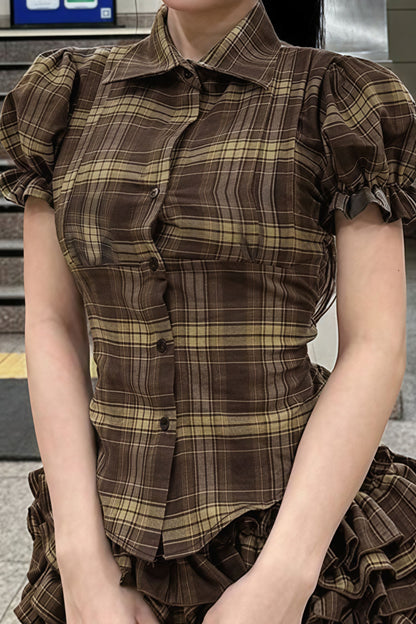 Blusa Fruncida a Cuadros con Solapa y Botones y Manga Abullonada