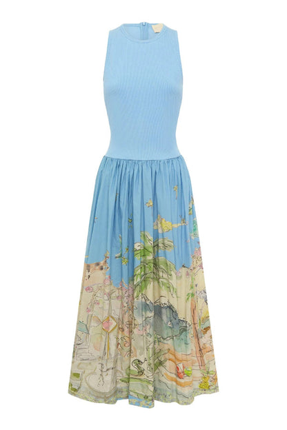 Ink Wash Print Round Neck Sleeveless Resort-style Midi Dress