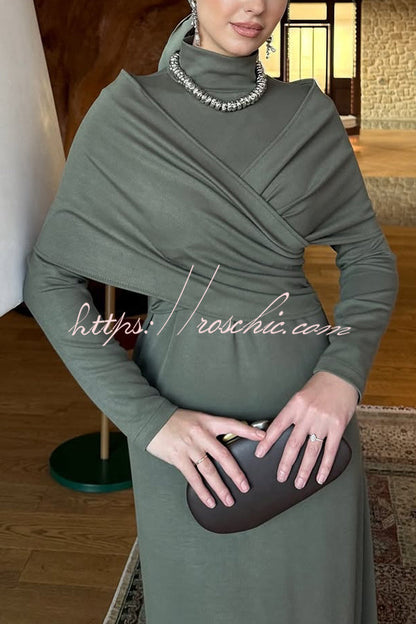 Solid Color High-neck Long-sleeved Crossover Waist Slim-fit Maxi Dress