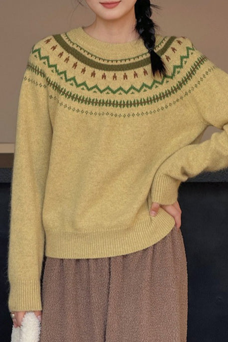 Suéter minimalista suelto de cuello redondo con bloques de color y diseño Fair Isle