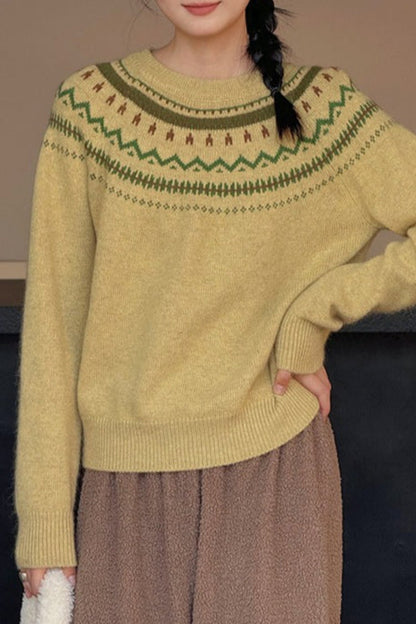 Suéter minimalista suelto de cuello redondo con bloques de color y diseño Fair Isle