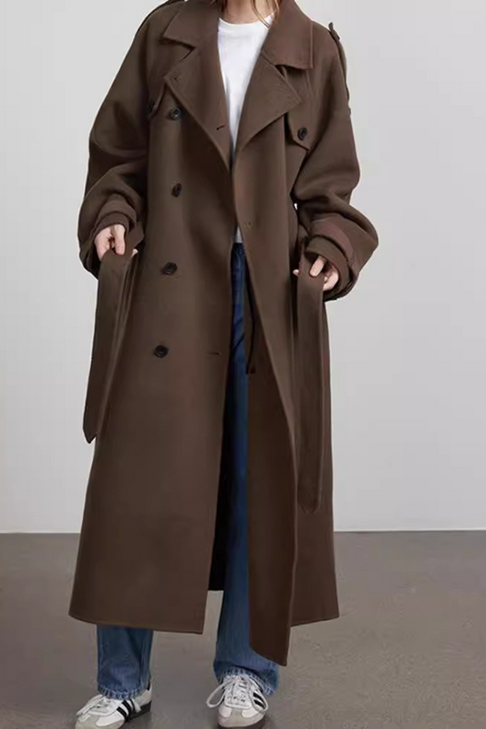 Notched Lapel Long Wool Cinch Belt Overcoat