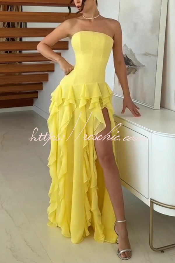 Elegant Sleeveless Off-shoulder Fitted Ruffled High Slit Maxi Dress