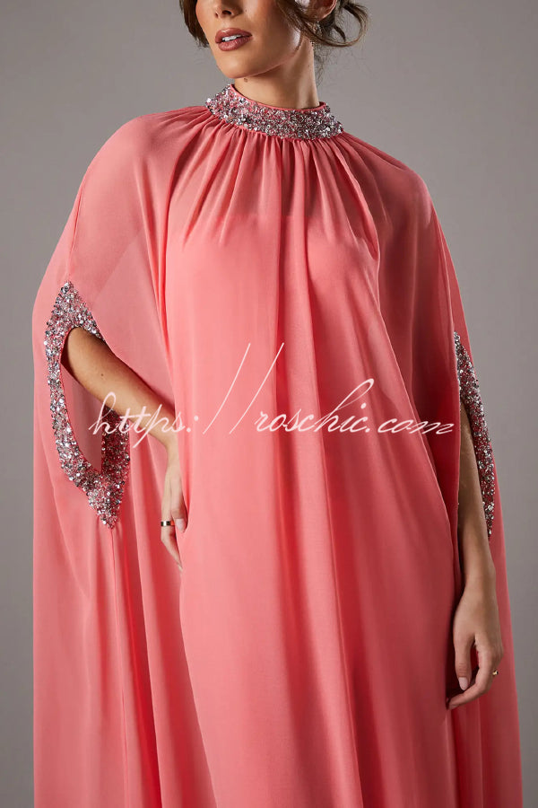 My Dearest Chiffon Sequin Trim High Neck Batwing Cutout Sleeve Cape Maxi Dress