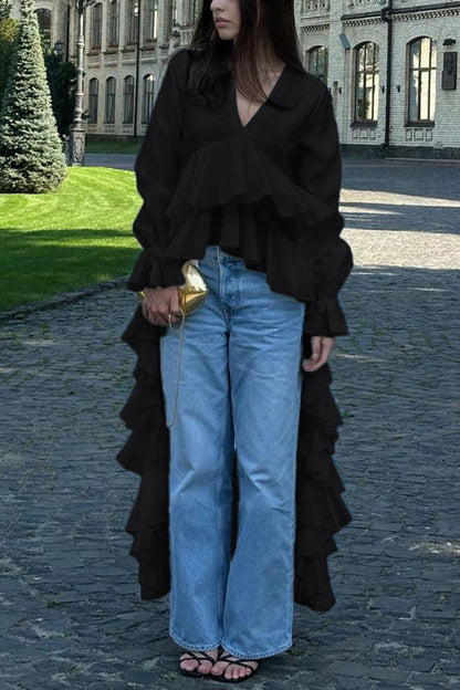 Solid Color V-neck Long-sleeved Ruffled Hem Long Shirt Top
